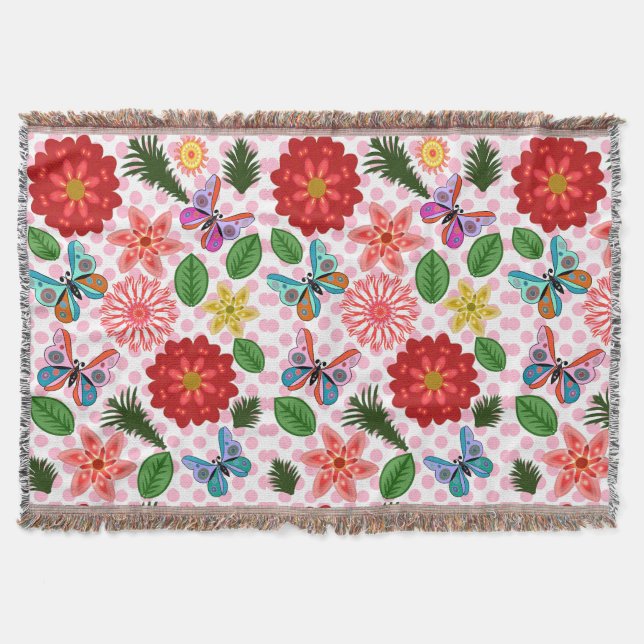 Modern vårträdgård fjäril blomster filt (Framsidan)