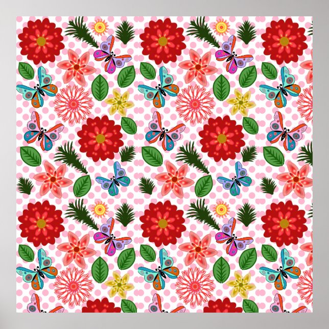 Modern vårträdgård fjäril blomster  poster (Framsidan)