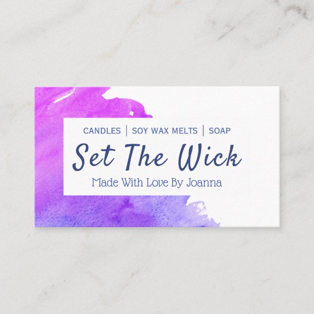 Modern vätefärgad handgjord sojabläcksnål tvål visitkort (Framsida)