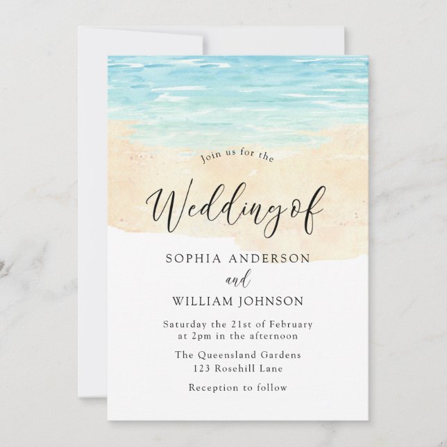 Modern Vatten Sand Beachy Watercolor Beach Wedding Inbjudningar (Framsida)