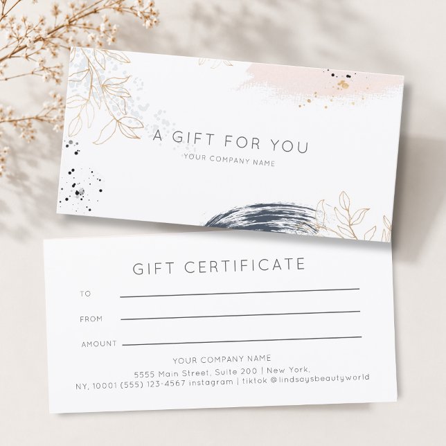 Modern vattenfärg bläck presentcertifikat (Modern Watercolor Ink White Gift Certficate Blue Blush Gold )