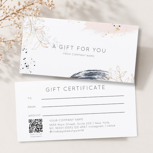 Modern vattenfärg bläck QR-kod presentcertifikat (Modern Watercolor Ink White QR Code Gift Certficate Blue Blush Gold )