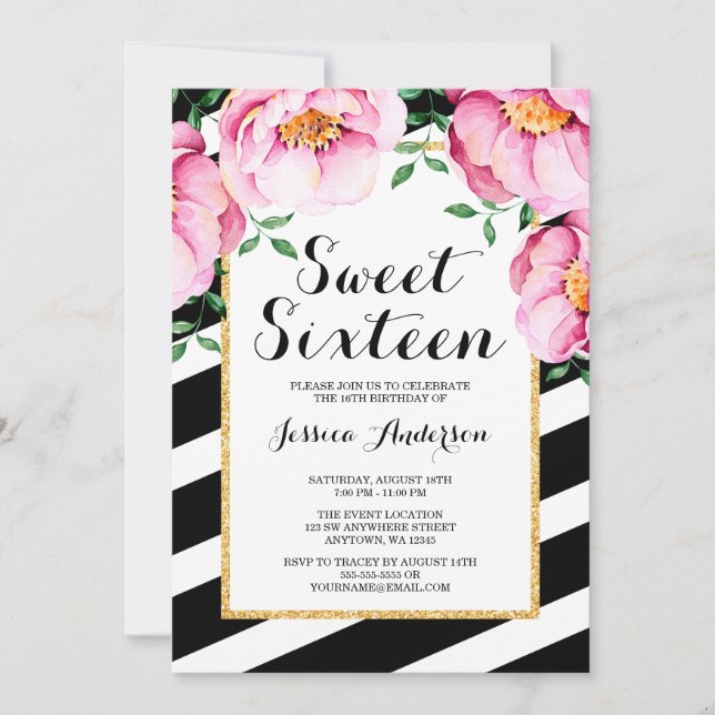 Modern vattenfärg blommande ränder Sweet 16 Inbjudningar (Framsida)