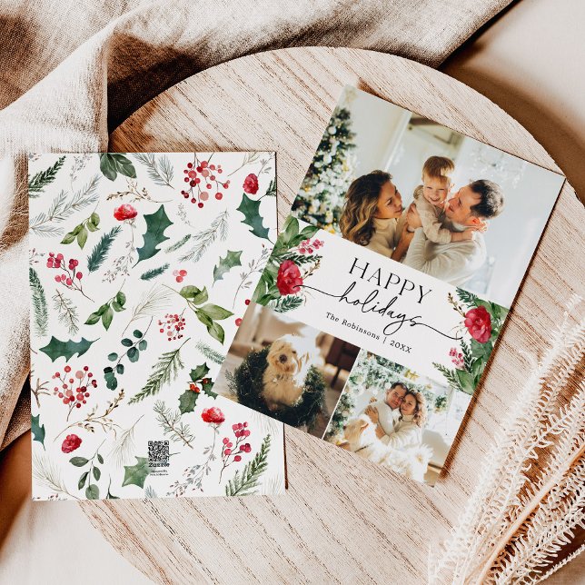 Modern vattenfärg botanisk 3 foto julkort (Skapare uppladdad)