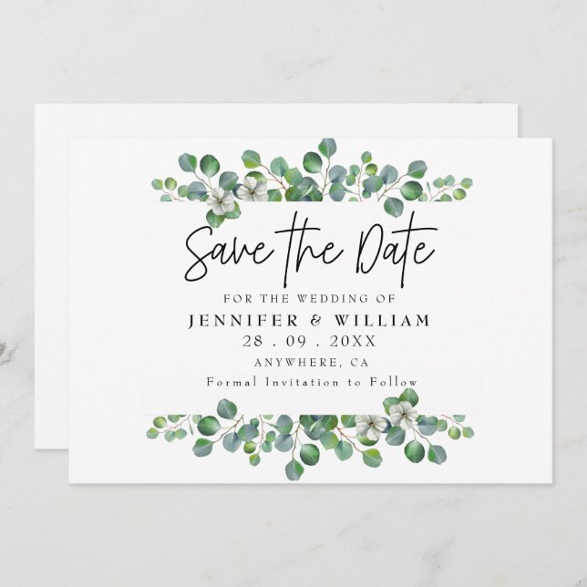 Modern vattenfärg Eucalyptus Spara datum Inbjudningar (Fram/baksida)