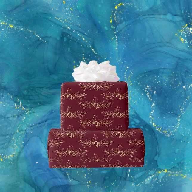 Modern vattenfärg Golden jul Holly Red Presentpapper (Skapare uppladdad)