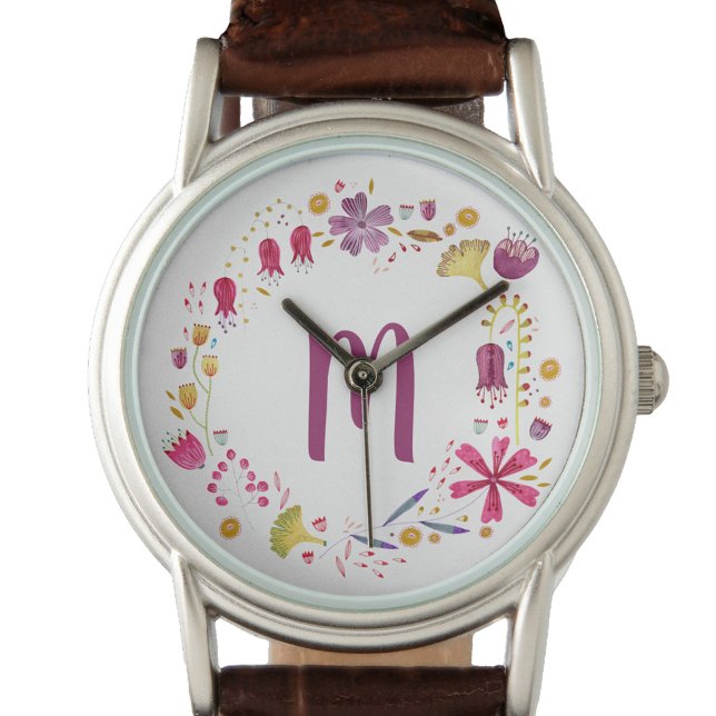 Modern vattenfärg - höstblomma - Monogram Armbandsur (Monogram floral wreath personalized initial watch)