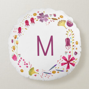 Modern vattenfärg - höstblomma - Monogram Rund Kudde