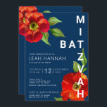 Modern vattenfärg i Bat mitzvah Blommigt, blå,  Inbjudningar<br><div class="desc">Var stolt, gladd och visa den här milstolpen till din favoritBat mitzvah med den här sofistikerade inbjudan till personligen! En chic, bedövande, röd blommigt med modern serif-typ täcker över en marin blå bakgrund. Anpassa anpassningsbarna med information om namn, datum och plats för Bat mitzvah. Garanterade att hon skulle få mer...</div>