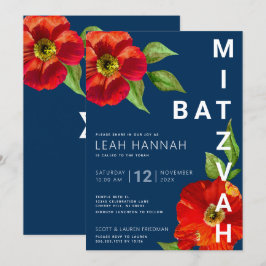 Modern vattenfärg i Bat mitzvah Blommigt, blå, Inbjudningar
