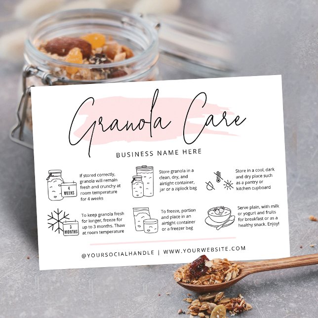 Modern vattenfärg i Rosa med Granola-vårdskort Visitkort (Sourdough granola care cards with icons, modern script font and pink watercolor and your logo)