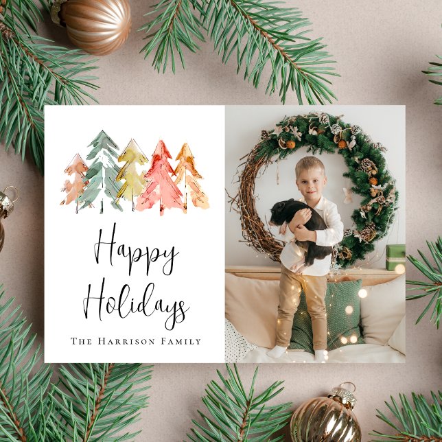 Modern Vattenfärg Jul Foto av Tall Julkort (Share the love and warmth of the holiday season with this personalized photo Christmas card)