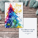 Modern vattenfärg Julgran Merry och Bright Julkort<br><div class="desc">Fira festsäsongen med vårt moderna och konstfulla julkort! Det här vackert designade kortet har en pulserande abstrakt vattenfärg i Julgran, i en mängd färg som verkligen fångar helgdagarnas anda. På framsidan står frasen "Merry & Bright". Kortets baksida kan anpassas med ditt namn, året och alternativet att lägga till ett hjärtligt...</div>