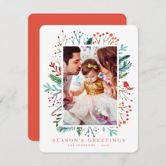 Modern vattenfärg Juli - lövning Botaniska djur Julkort (Fram/baksida)