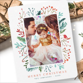 Modern vattenfärg Juli - lövning Botaniska djur Julkort