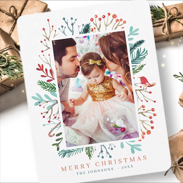 Modern vattenfärg Juli - lövning Botaniska djur Julkort (Skapare uppladdad)