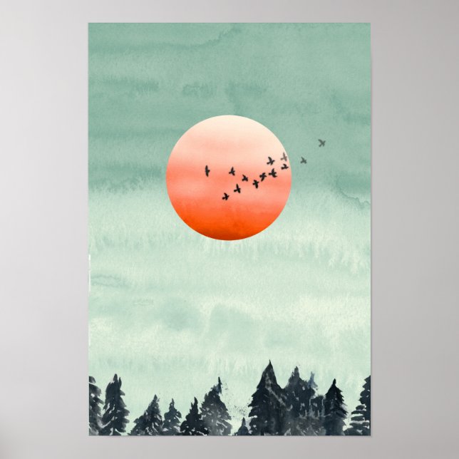 Modern vattenfärg liggande Sunset Birds Träd Po Poster (Framsidan)