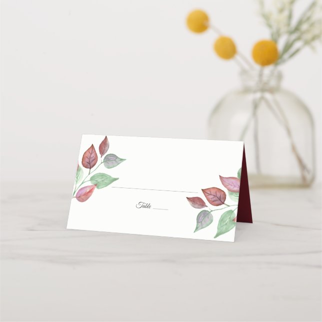 Modern vattenfärg målad Burgundy Foliage Bröllop Placeringskort (Framsida)