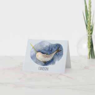 Modern vattenfärg Narwhal Blue Ocean Personlig Anteckningskort