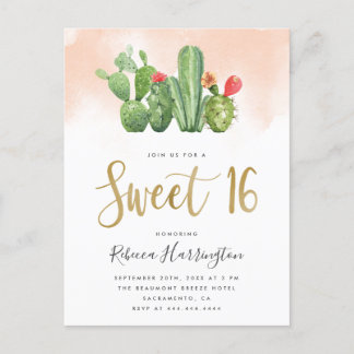 Modern vattenfärg och Cactus Sweet 16 Inbjudan Vykort