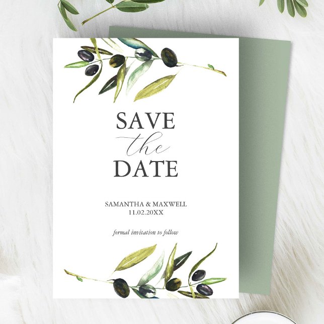 Modern vattenfärg Olive Gren sparar datum Spara Datumet (wedding save the date botanical watercolor olive branch)