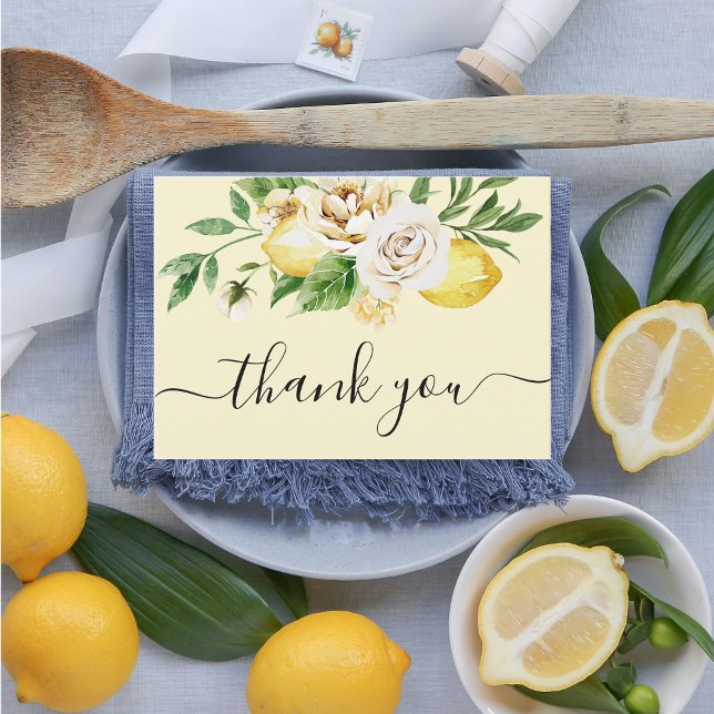 Modern vattenfärg Pastel Gult Lemons & Löv Tha Tack Kort (Skapare uppladdad)