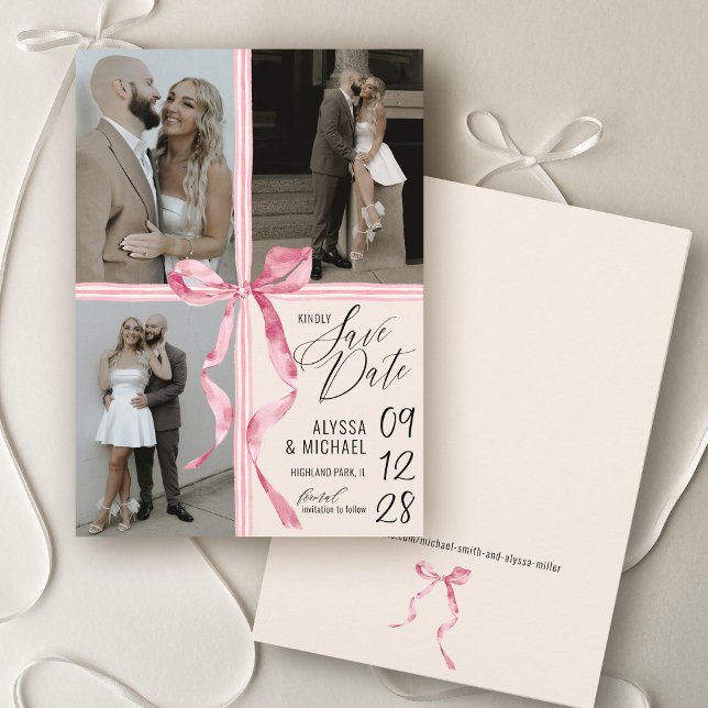 Modern Vattenfärg Rosa Slinga 3 Foto Elfenbensvit  Spara Datumet (Unique elegant ivory and pink watercolor coquette bow 3 photo collage simple wedding save the date)