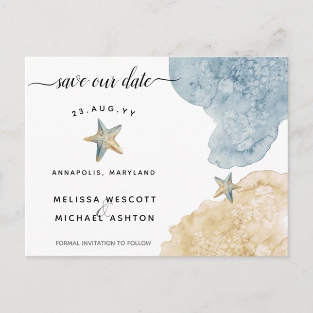 Modern vattenfärg Starfish Coastal Spara vårt datu Meddelande Vykort (Framsida)