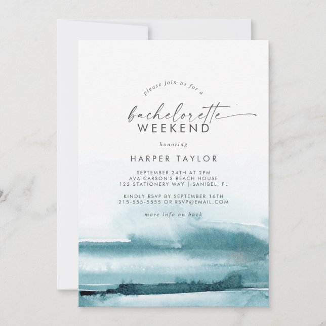 Modern vattenfärg | Teal Bachelorette Helg Inbjudningar (Framsida)