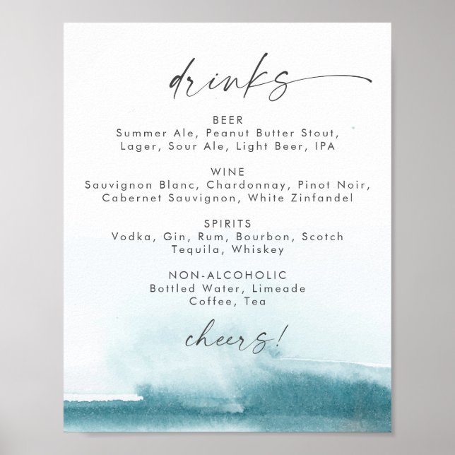 Modern vattenfärg | Teal Bröllop Drinks Menu Sign Poster (Framsidan)