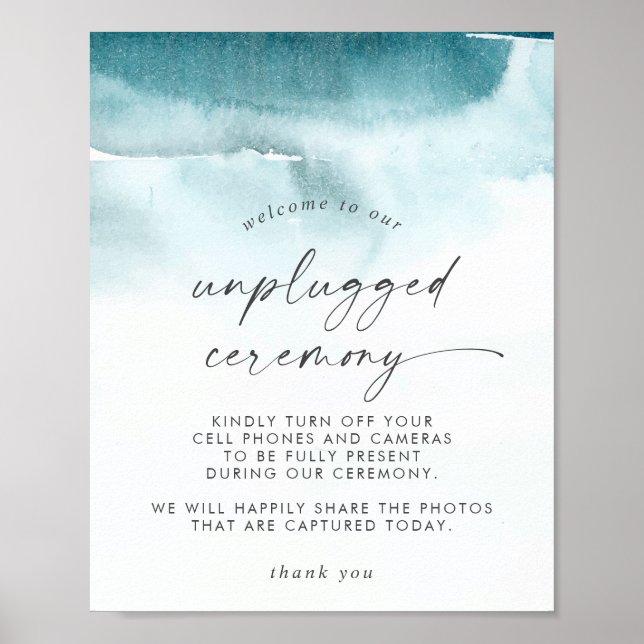Modern vattenfärg | Teal Unplugged Ceremony Sign Poster (Framsidan)