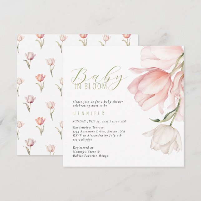 Modern vattenfärg Tulip Baby Shower Inbjudningar (Fram/baksida)