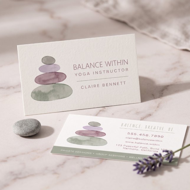 Modern vattenfärg yogainstruktör visitkort (Simulated business cards on table)