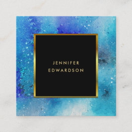 Modern vattenfärgad blåfärgstekpsplatta guld ram fyrkantigt visitkort