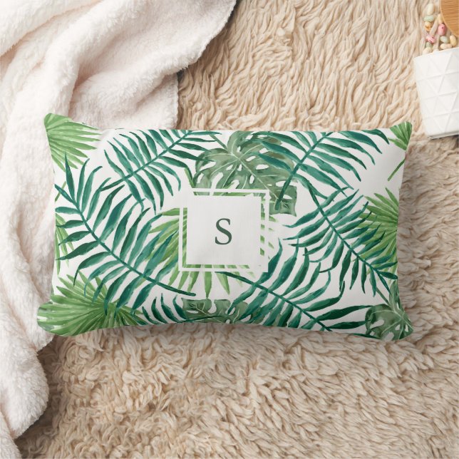Modern vattenfärgad tropisk löv monogram lumbarkudde (Filt)