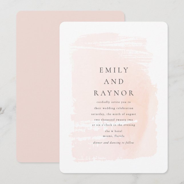 Modern vattenfärgbröllop i rosa nyans inbjudningar (Fram/baksida)