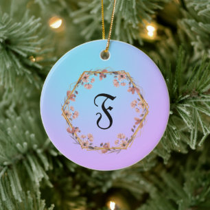 Modern vattenfärggradient blommor Monogram Namn Julgransprydnad Keramik