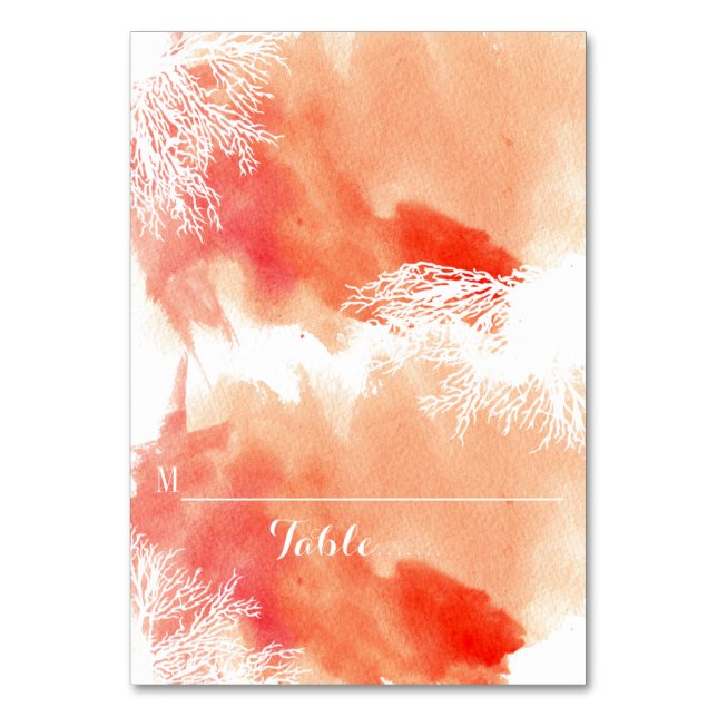 Modern vattenfärgkorallrev bröllop-platskort bordsnummer (Framsidan)