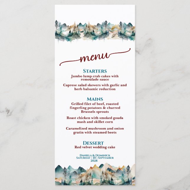 Modern vattenfärgsberg Bröllop Menu 4 x 9 Meny (Framsida)