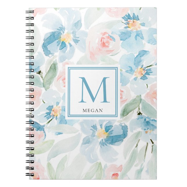 Modern vattenfärgsblå och  blommor - första början anteckningsbok (Framsidan)
