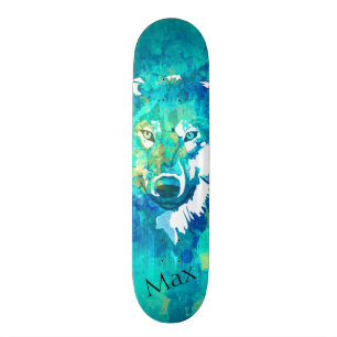 Modern vattenfärgsblått grönt varg mini skateboard bräda 18,5 cm