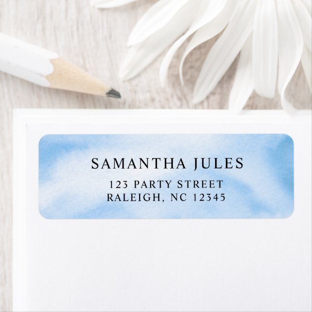 Modern vattenfärgsblått molnnigt babyskor returadress etikett (Insitu)