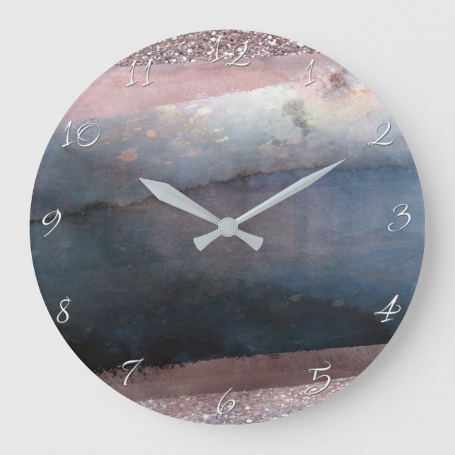 Modern vattenfärgsblått och Ro Guld Rosa  glam Stor Klocka (Framsida)