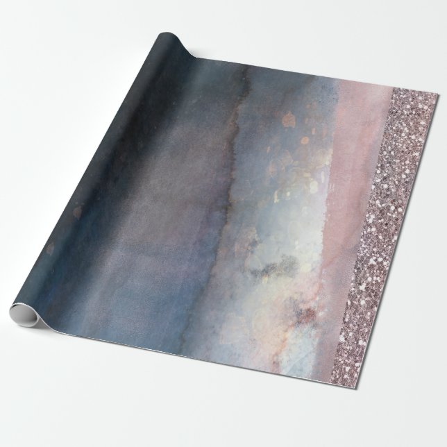 Modern vattenfärgsblått och Ro Guld Rosa Party Presentpapper (Utrullad)