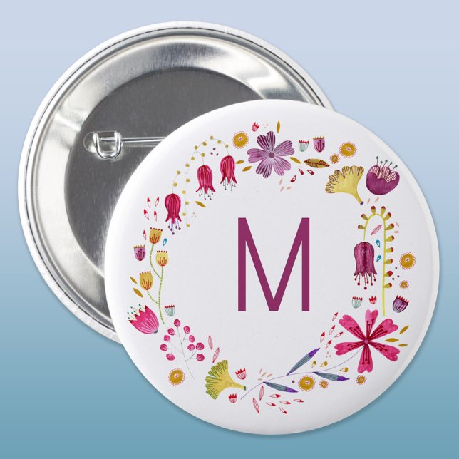 Modern vattenfärgsblomma - Monogram Knapp (Modern monogram initial personalized watercolor wildflower floral button)