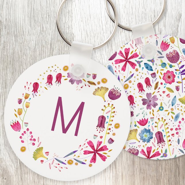 Modern vattenfärgsblomma - Monogram Nyckelring (Modern monogram initial personalized watercolor wildflower floral key ring)
