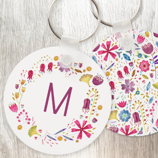 Modern vattenfärgsblomma - Monogram Nyckelring
