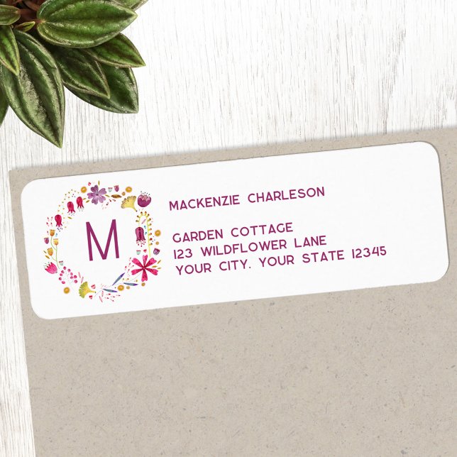 Modern vattenfärgsblomma, monogramReturadress Returadress Etikett (Modern monogram initial personalized watercolor wildflower floral return address label sticker)