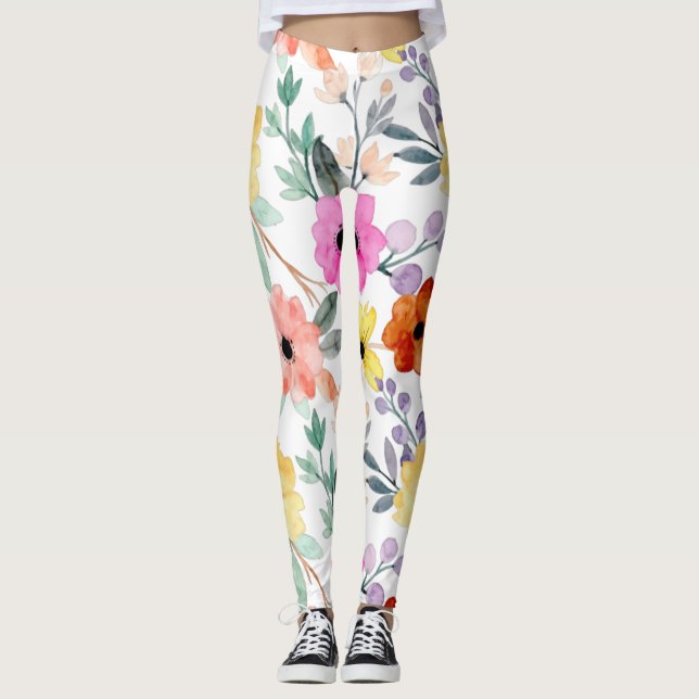 Modern vattenfärgsBlommigt Botaniskt blommaS Leggings (Framsida)