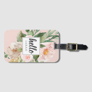 Modern vattenfärgsblommor och Rosa och Hej och Nam Bagagebricka